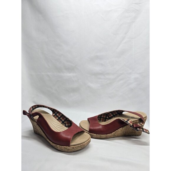 Crocs A Leigh Red Leather Cork Wedge Heel Slingback Sandal Shoes 11848 Women 8 - Picture 1 of 13